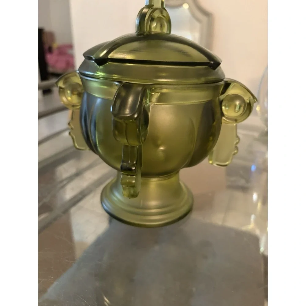 VTG Olive Green Satin Glass Covered Urn Biscuit Jar Pedestal 9.5